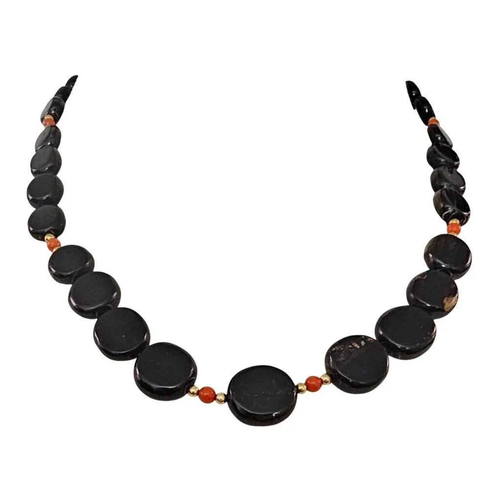 Black Coral Gold Filled Bead Necklace Graduated Strand Screw Barrel Clasp J460 - Picture 5 of 12